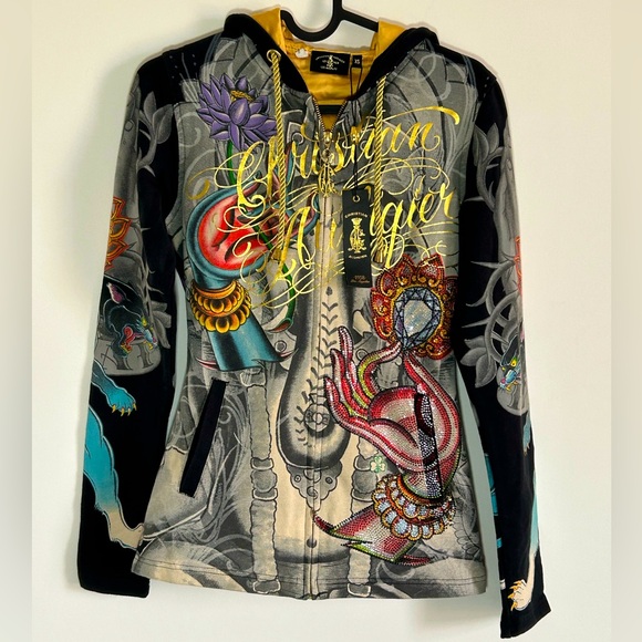 Ed Hardy Tops - Y2K Vintage Black & Gold Bedazzled Hoodie by Christian Audigier NWT Size XS